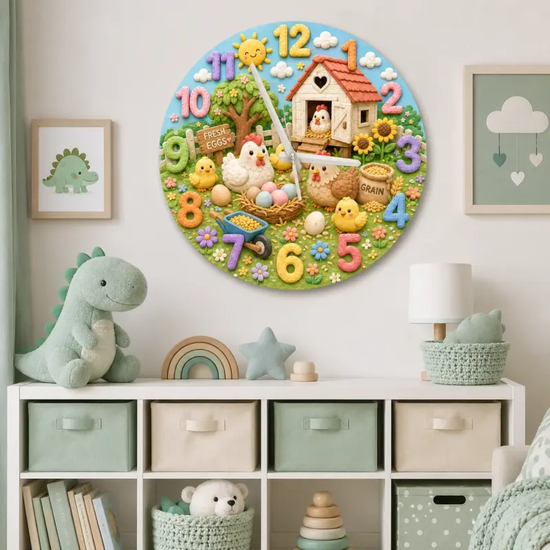 Cute Farm Chickens Kids Room Wall Clock | Baby Chick Nursery Decor, Playroom Wall Art, Sweet Birthday Gift Keepsake (13.6 inch / 34.5 cm)