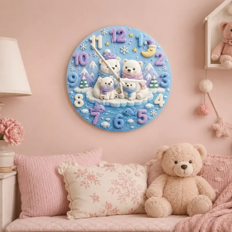 Polar Bear Family Kids Room Wall Clock | Arctic Winter Wonderland Nursery Decor, Cute Baby Shower Gift For Newborn (13.6 inch / 34.5 cm)