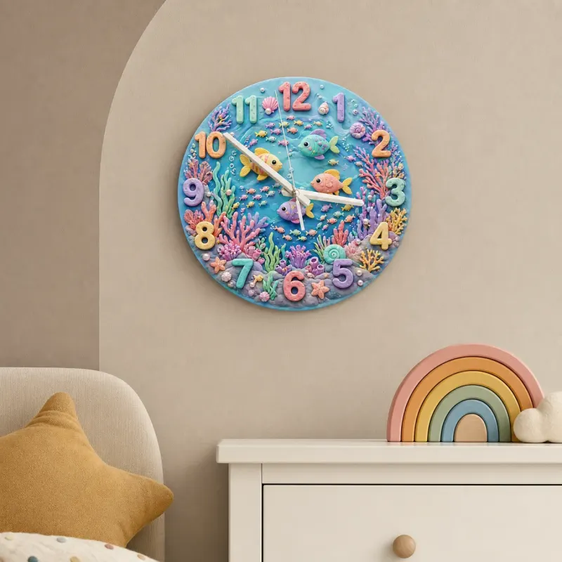 Pastel Ocean Coral Reef Kids Room Wall Clock | Under The Sea Nursery Decor, Cute Baby Girl Birthday Gift Keepsake (13.6 inch / 34.5 cm)