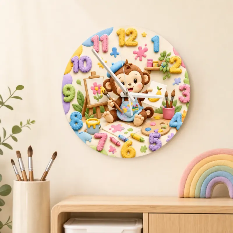 Kleiner Affe Künstler Kinderzimmer Wanduhr | Bunte Kunst-Themen Spielzimmer Dekor, Süßes Geschenk zur Babyparty (34,5 cm)