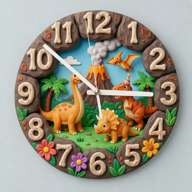 Dinosaur Volcano Kids Room Wall Clock | Prehistoric Jungle Nursery Decor, Little Boy Bedroom Birthday Gift Keepsake (13.6 inch / 34.5 cm)
