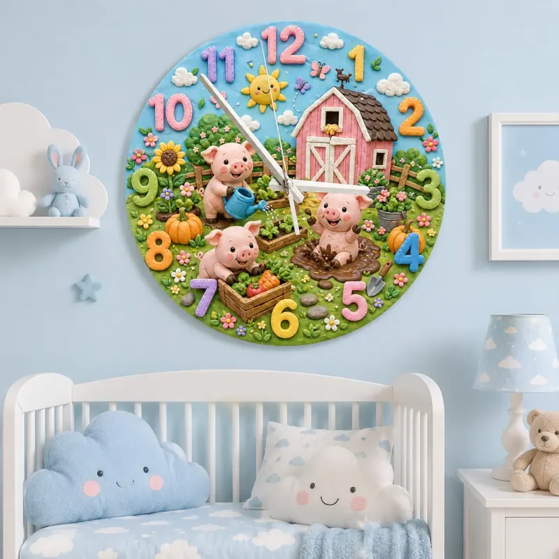 Playful Farm Pigs Kids Room Wall Clock | Barnyard Animal Nursery Decor, Baby Shower Or Birthday Gift For Boy Or Girl (13.6 inch / 34.5 cm)