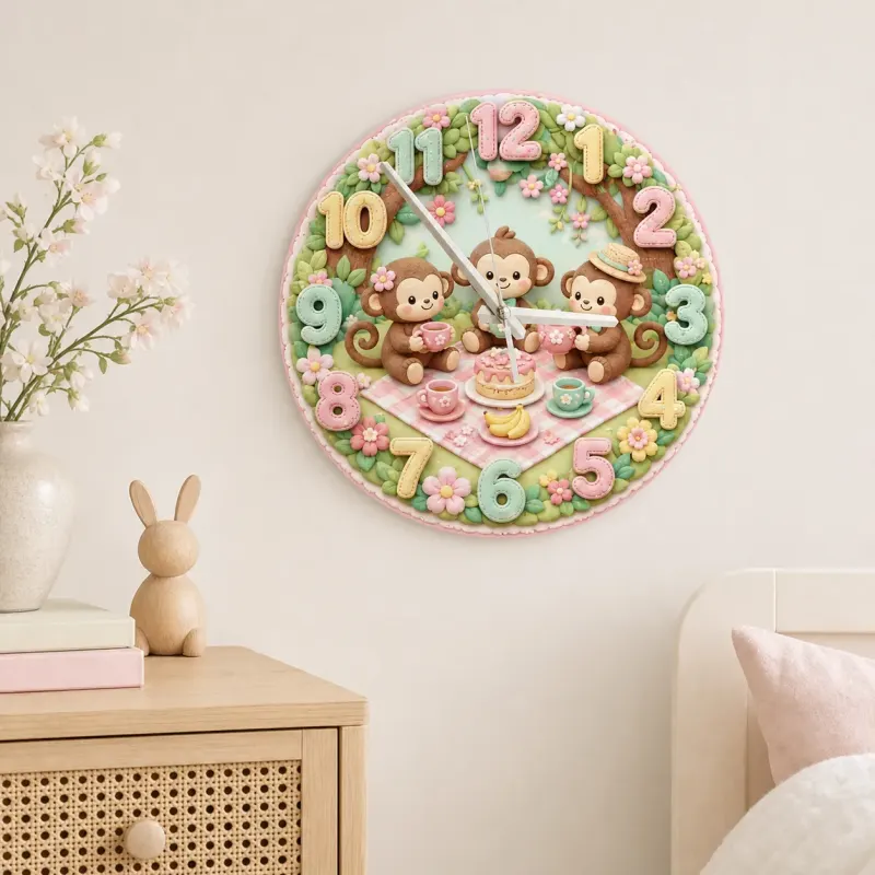 Monkey Tea Party Picnic Kids Room Wall Clock | Pastel Floral Nursery Decor, Sweet Baby Girl Shower And Birthday Gift (13.6 inch / 34.5 cm)