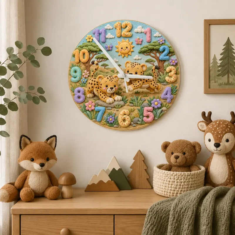 Playful Safari Cheetahs Kids Room Wall Clock | Jungle Animal Nursery Decor, Birthday Keepsake Gift For Boys & Girls (13.6 inch / 34.5 cm)