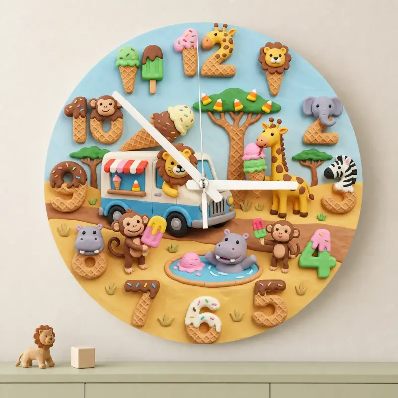 Safari Animals Ice Cream Truck Kids Room Wall Clock | Sweet Treats Nursery Decor, Baby Shower Gifts For Boys & Girls (13.6 inch / 34.5 cm)