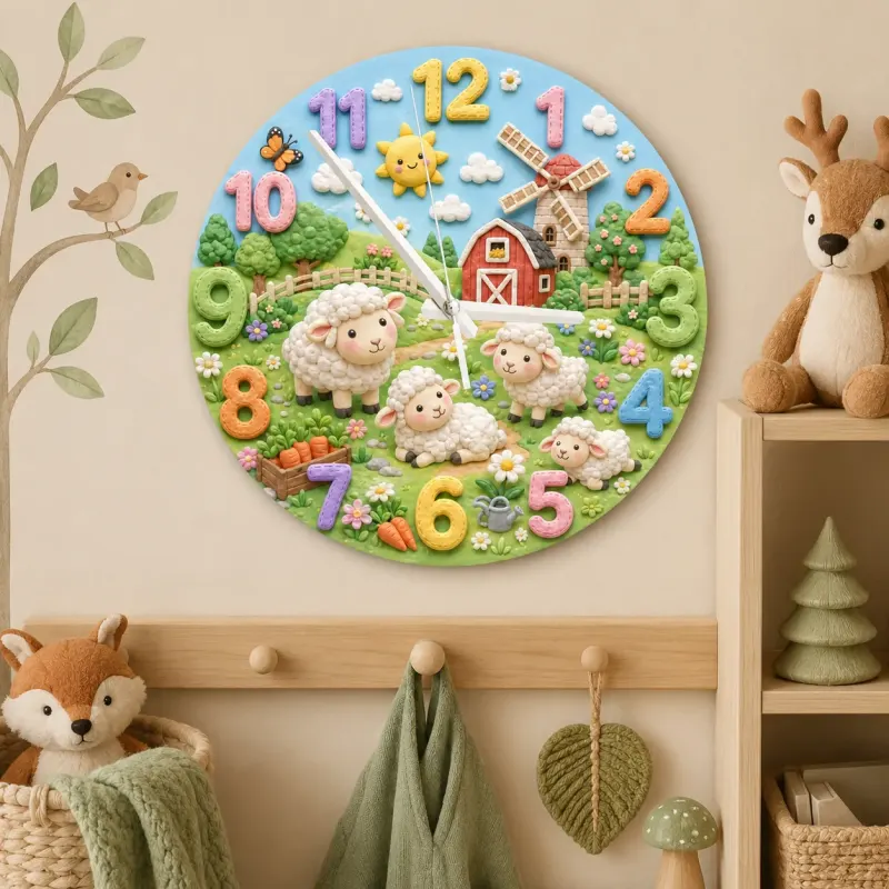 Farm Animal Sheep Kids Room Wall Clock | Whimsical Barnyard Nursery Decor, Baby Shower Gift For Boy Or Girl Room Art (13.6 inch / 34.5 cm)