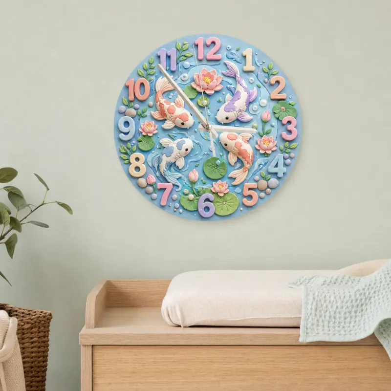 Pastel Koi Fish Pond Kids Room Wall Clock | Whimsical Lotus Flower Nursery Decor, Beautiful Baby Shower Gift Keepsake (13.6 inch / 34.5 cm)
