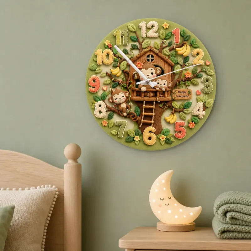 Happy Monkey Treehouse Kids Room Wall Clock | Safari Jungle Nursery Decor, Baby Boy Shower Gift & Wood Playroom Art (13.6 inch / 34.5 cm)