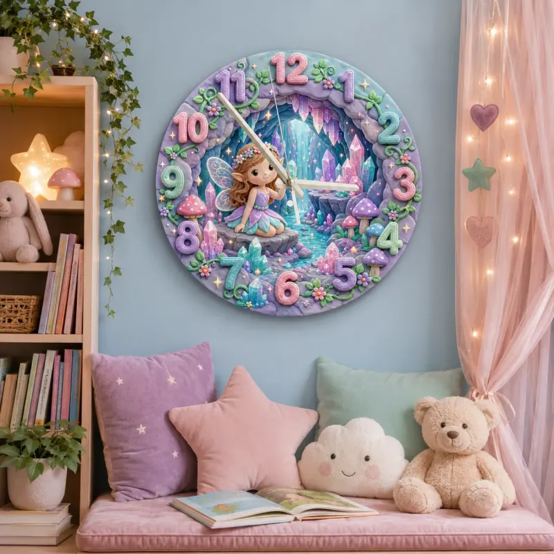 Magical Fairy and Crystal Cave Kids Room Wall Clock | Enchanted Pastel Nursery Decor, Whimsical Girls Room Gift Art (13.6 inch / 34.5 cm)