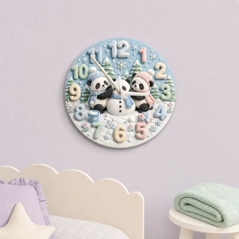 Winter Pandas Building Snowman Kids Room Wall Clock | Pastel Nursery Art, Unique Baby Shower Gift For Boys & Girls (13.6 inch / 34.5 cm)