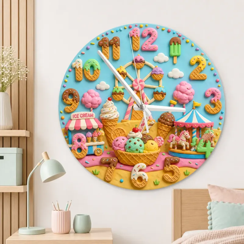 Ice Cream Carnival Kids Room Wall Clock | Pastel Fairground Nursery Decor, Sweet Birthday Gift (13.6 inch / 34.5 cm)
