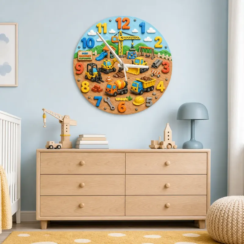 Construction Trucks Playground Kids Room Wall Clock | Boys Nursery Decor, Little Builder Toddler Birthday Gift Idea (13.6 inch / 34.5 cm)