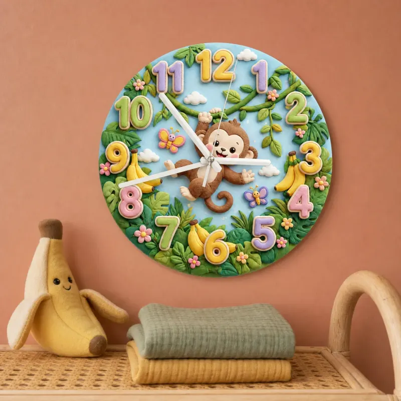 Swinging Safari Monkey Kids Room Wall Clock | Pastel Jungle Nursery Decor, Unique Baby Shower Gift For Boys Or Girls (13.6 inch / 34.5 cm)