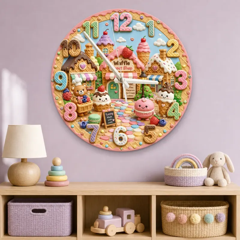 Waffle Sweet Shop Kids Room Wall Clock | Pastel Bakery Nursery Decor, Cute Little Girl Birthday Gift (13.6 inch / 34.5 cm)