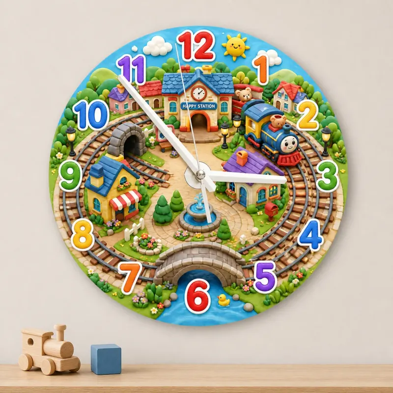 Spielzeugzug Dorf Wanduhr für Kinderzimmer | Bunte Eisenbahn Deko für das Kinderzimmer, Geschenk für kleine Jungen (34,5 cm)