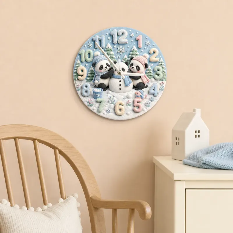 Winter Pandas Building Snowman Kids Room Wall Clock | Pastel Nursery Art, Unique Baby Shower Gift For Boys & Girls (13.6 inch / 34.5 cm)