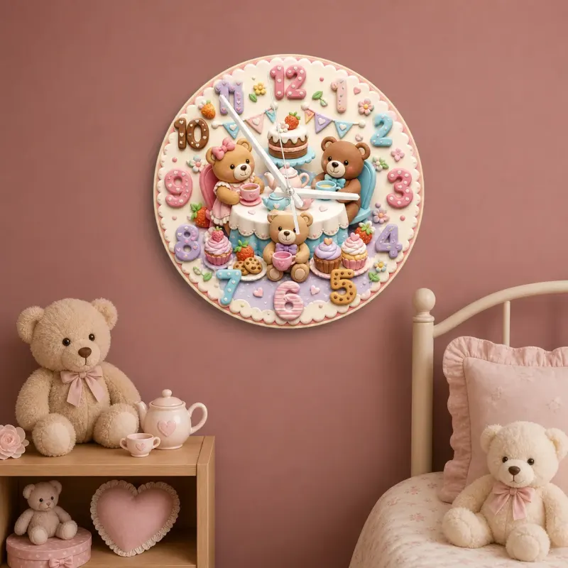 Teddy Bear Tea Party Kids Room Wall Clock | Pastel Nursery Decor, Sweet Baby Shower Birthday Gift (13.6 inch / 34.5 cm)