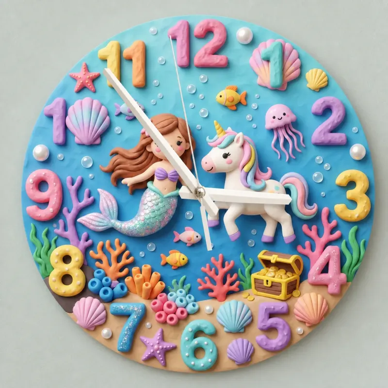 Mermaid & Sea Unicorn Kids Room Wall Clock | Magical Underwater Ocean Nursery Wall Decor, Little Girl Bedroom Gift (13.6 inch / 34.5 cm)