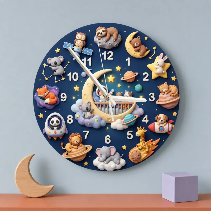 Space Animals & Planets Kids Room Wall Clock | Whimsical Night Sky Nursery Decor, Baby Shower And Birthday Present (13.6 inch / 34.5 cm)