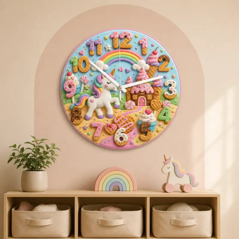 Unicorn Candy Castle Kids Room Wall Clock | Rainbow Nursery Decor, Magical Little Girl Birthday Gift (13.6 inch / 34.5 cm)
