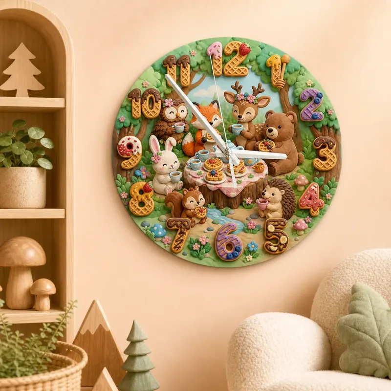 Woodland Animal Tea Party Kids Room Wall Clock | Forest Nursery Decor, Baby Shower Birthday Gift Keepsake (13.6 inch / 34.5 cm)