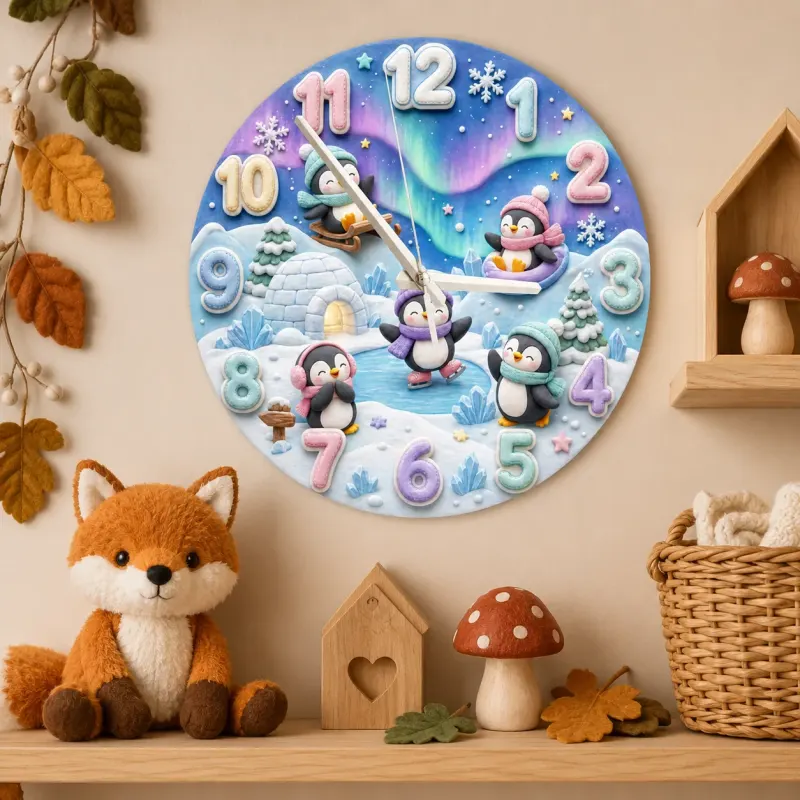 Whimsical Winter Wonderland Penguin Kids Room Wall Clock | Aurora Sky Nursery Decor, Beautiful Baby Shower Keepsake (13.6 inch / 34.5 cm)