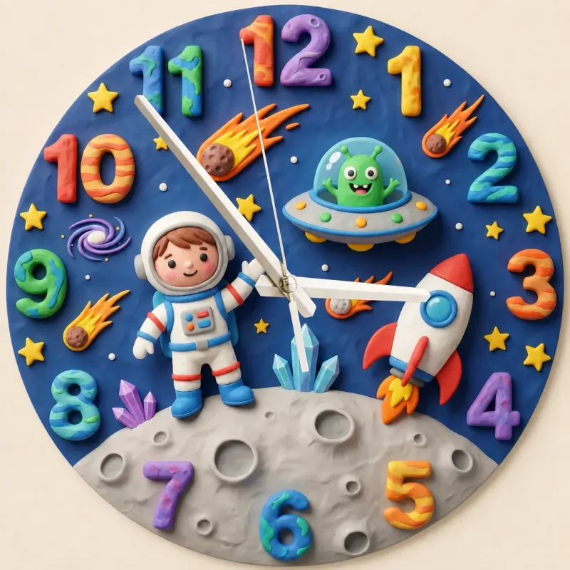 Astronaut and Alien Outer Space Kids Room Wall Clock | Galaxy Nursery Decor, Little Boys Bedroom Birthday Keepsake (13.6 inch / 34.5 cm)