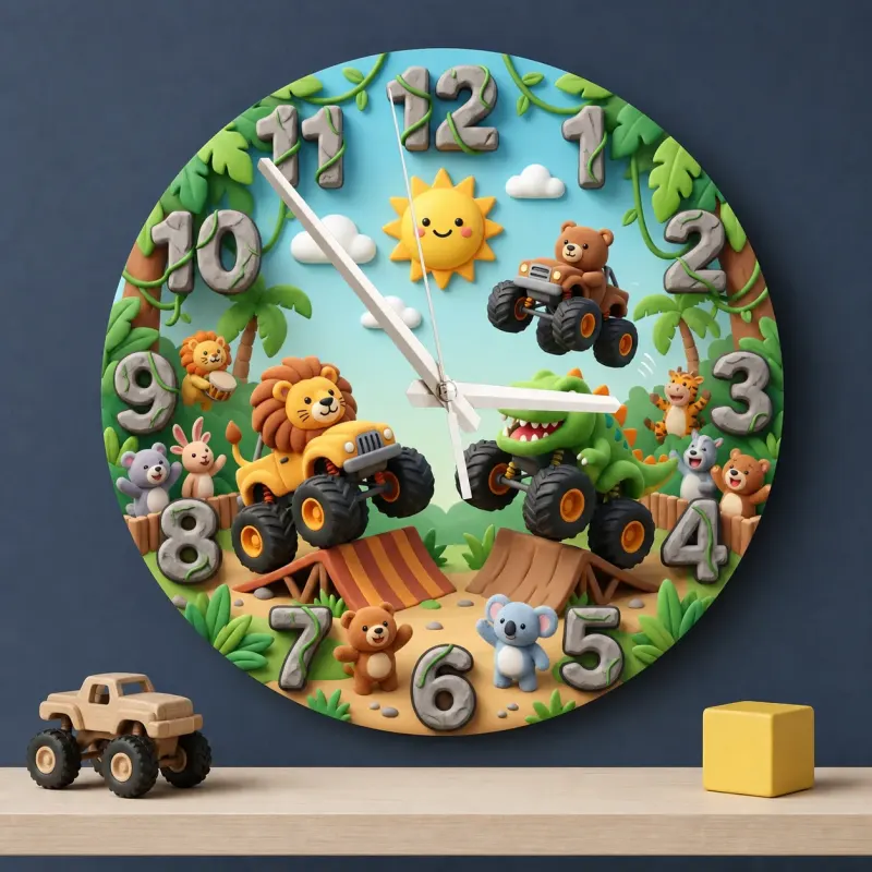 Safari Animal Monster Truck Kids Room Wall Clock | Dinosaur Boy Nursery Decor, Fun Toddler Playroom Birthday Gift Idea (13.6 inch / 34.5 cm)