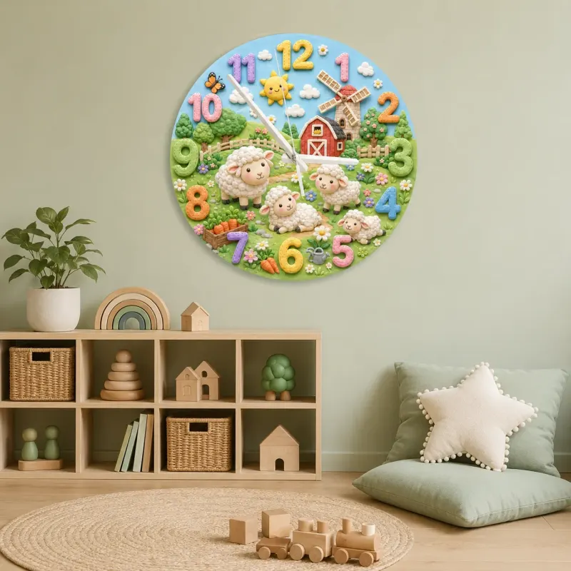 Farm Animal Sheep Kids Room Wall Clock | Whimsical Barnyard Nursery Decor, Baby Shower Gift For Boy Or Girl Room Art (13.6 inch / 34.5 cm)