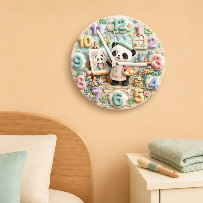 Little Painter Panda Kids Room Wall Clock | Pastel Floral Nursery Decor, Baby Girl Bedroom Birthday Gift Keepsake (13.6 inch / 34.5 cm)