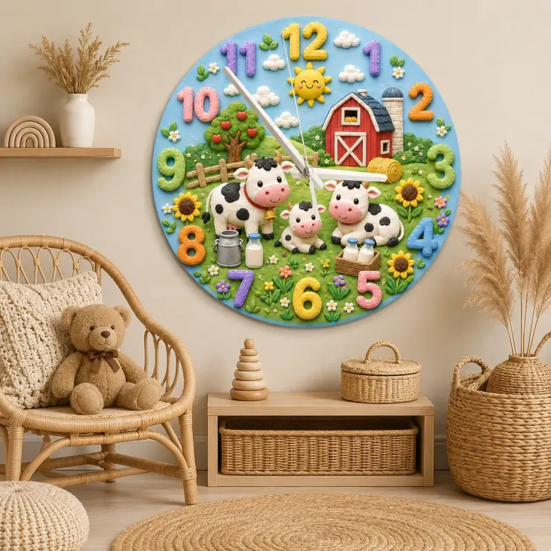 Farm Animal Cow Family Kids Room Wall Clock | Rustic Red Barn Nursery Decor, Baby Shower Gift For Boys And Girls Room (13.6 inch / 34.5 cm)