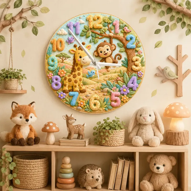 Jungle Safari Giraffe & Monkey Kids Room Wall Clock | Whimsical Animal Nursery Decor, Sweet Playroom Wall Art Gift (13.6 inch / 34.5 cm)
