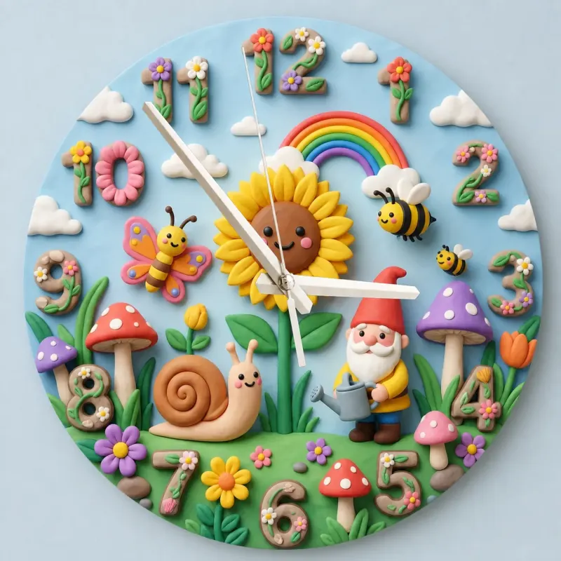 Whimsical Garden Gnome Kids Room Wall Clock | Snail And Sunflower Nursery Decor, Baby Girl Shower Keepsake Present (13.6 inch / 34.5 cm)