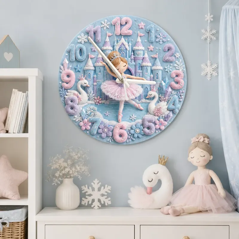 Winter Princess Ballerina Kids Room Wall Clock | Fairy Tale Castle Nursery Decor, Swan Theme Gift For Little Girls (13.6 inch / 34.5 cm)