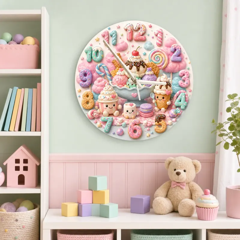 Pastel Candyland Kids Room Wall Clock | Sweet Treats Nursery Decor, Kawaii Ice Cream Girls Playroom Wall Decor Gift (13.6 inch / 34.5 cm)