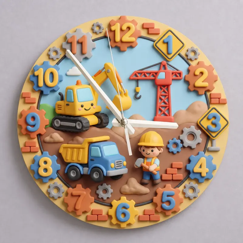 Construction Trucks Kids Room Wall Clock | Digger & Crane Nursery Decor, Little Builder Boy Birthday Gift Keepsake (13.6 inch / 34.5 cm)