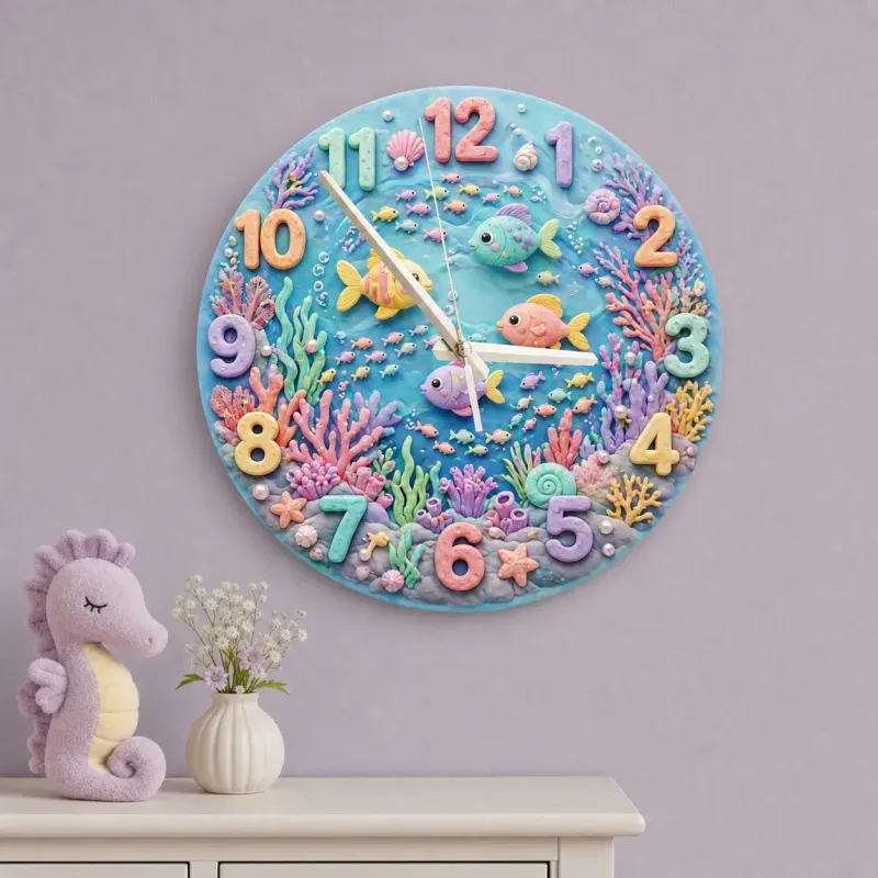 Pastel Ocean Coral Reef Kids Room Wall Clock | Under The Sea Nursery Decor, Cute Baby Girl Birthday Gift Keepsake (13.6 inch / 34.5 cm)
