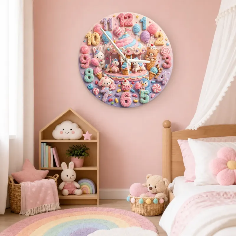 Pastel Candy Carousel Kids Room Wall Clock | Cute Animal Nursery Decor, Sweet Baby Girl Bedroom Birthday Gift Idea (13.6 inch / 34.5 cm)