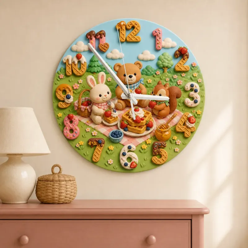 Woodland Animal Waffle Kids Room Wall Clock | Forest Picnic Nursery Decor, Baby Shower Birthday Gift (13.6 inch / 34.5 cm)