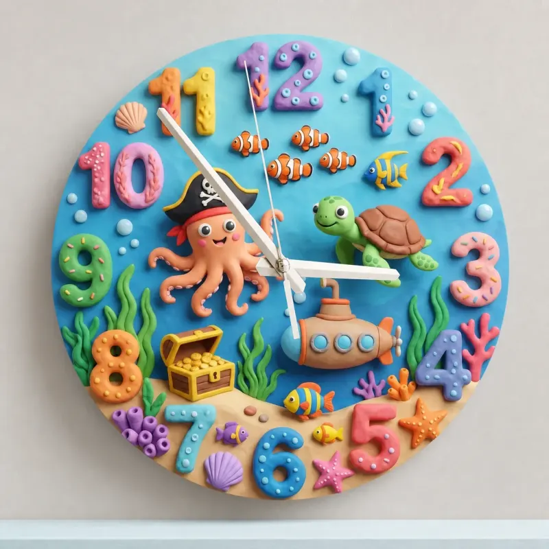 Pirate Octopus Ocean Kids Room Wall Clock | Under The Sea Nursery Decor, Little Boy's Room Birthday Gift & Keepsake (13.6 inch / 34.5 cm)