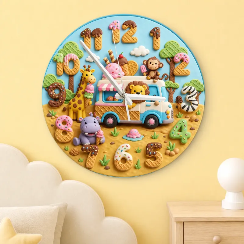 Safari Ice Cream Truck Kids Room Wall Clock | Jungle Animal Nursery Decor, Baby Boy Girl Birthday Gift (13.6 inch / 34.5 cm)