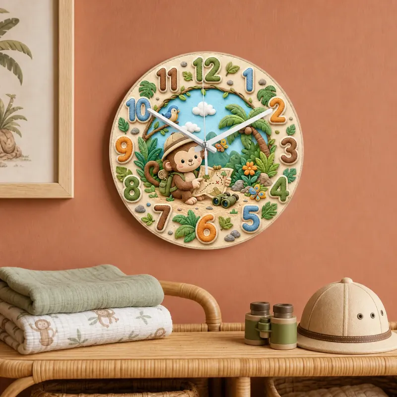 Safari Monkey Explorer Kids Room Wall Clock | Jungle Adventure Nursery Decor, Baby Shower Gift, Little Boy Keepsake (13.6 inch / 34.5 cm)