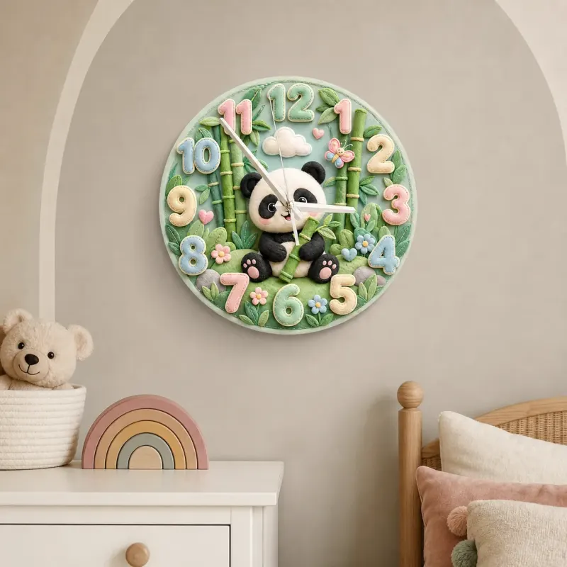 Pastel Panda Bear and Bamboo Kids Room Wall Clock | Cute Jungle Animal Nursery Wall Decor, Baby Shower Gift Keepsake (13.6 inch / 34.5 cm)