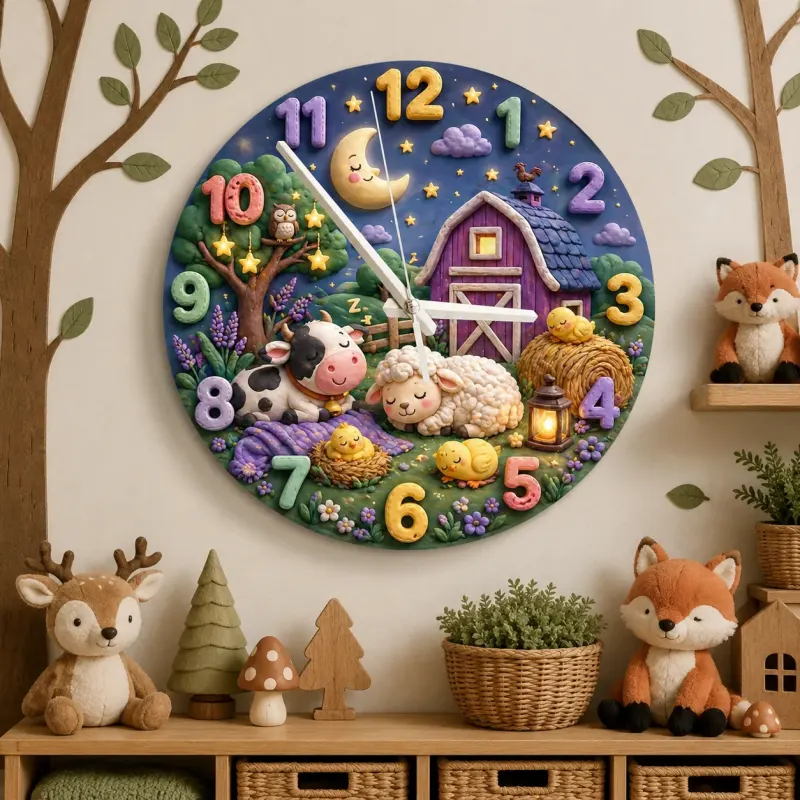 Sleeping Farm Animals Kids Room Wall Clock | Nighttime Nursery Decor, Sweet Dreams Baby Shower Gift For Boys Girls (13.6 inch / 34.5 cm)