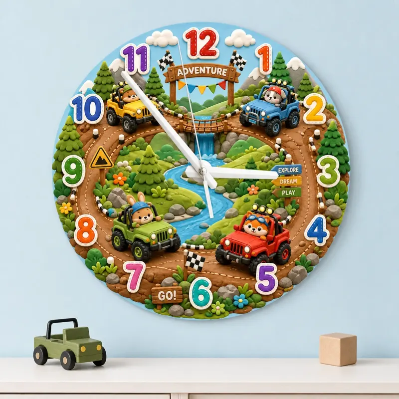 Off-Road Animal Adventure Wood Kids Room Wall Clock