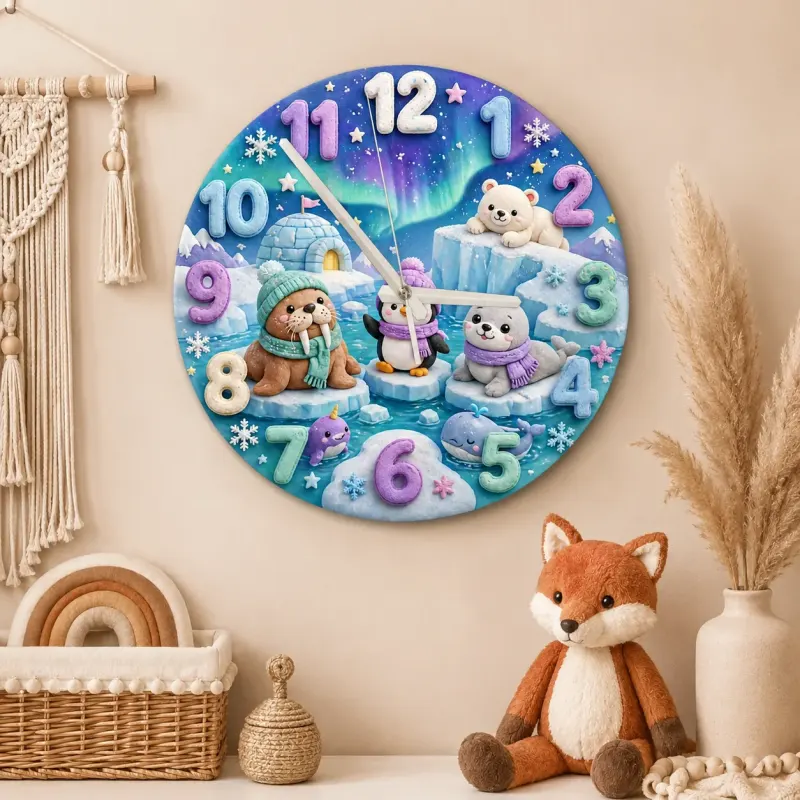 Cute Arctic Animals Kids Room Wall Clock | Northern Lights Nursery Decor, Polar Bear & Penguin Baby Shower Gift Idea (13.6 inch / 34.5 cm)