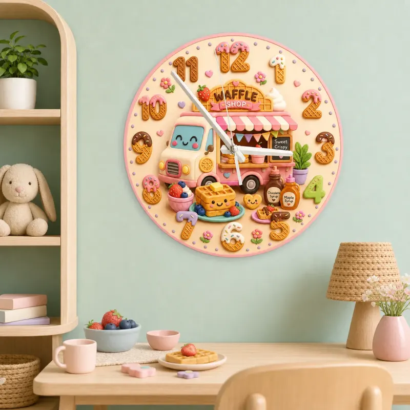 Waffle Shop Food Truck Kids Room Wall Clock | Sweet Bakery Nursery Decor, Cute Birthday Gift For Girls (13.6 inch / 34.5 cm)