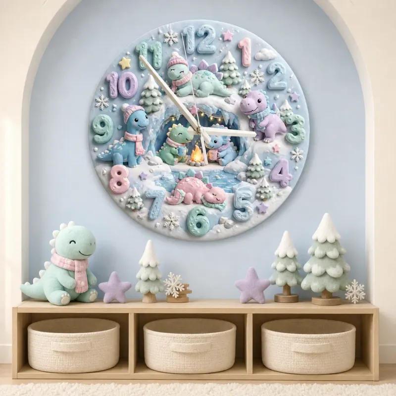 Cozy Winter Dinosaur Kids Room Wall Clock