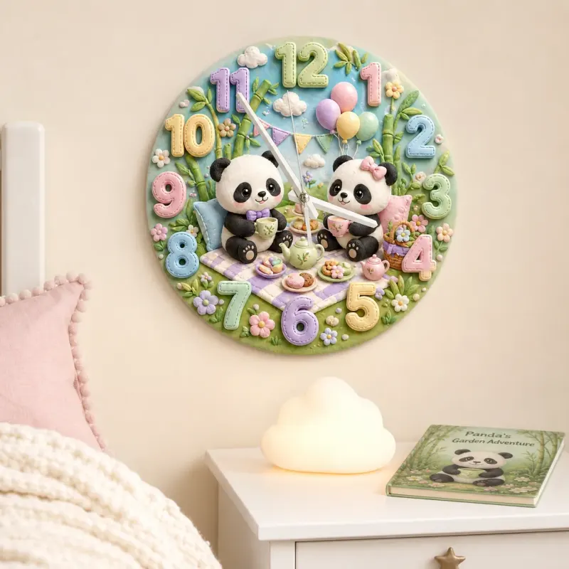 Whimsical Panda Tea Party Kids Room Wall Clock | Pastel Bamboo Nursery Decor, Baby Shower Birthday Keepsake Present (13.6 inch / 34.5 cm)