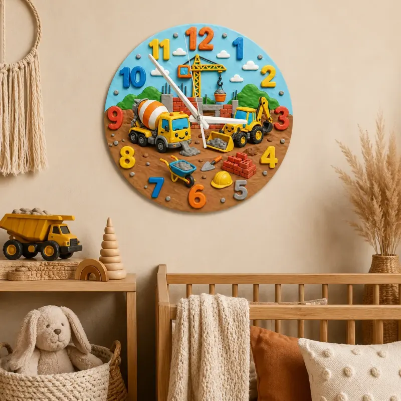Construction Trucks Kids Room Wall Clock | Digger And Excavator Nursery Decor, Toddler Boy Playroom Birthday Present (13.6 inch / 34.5 cm)